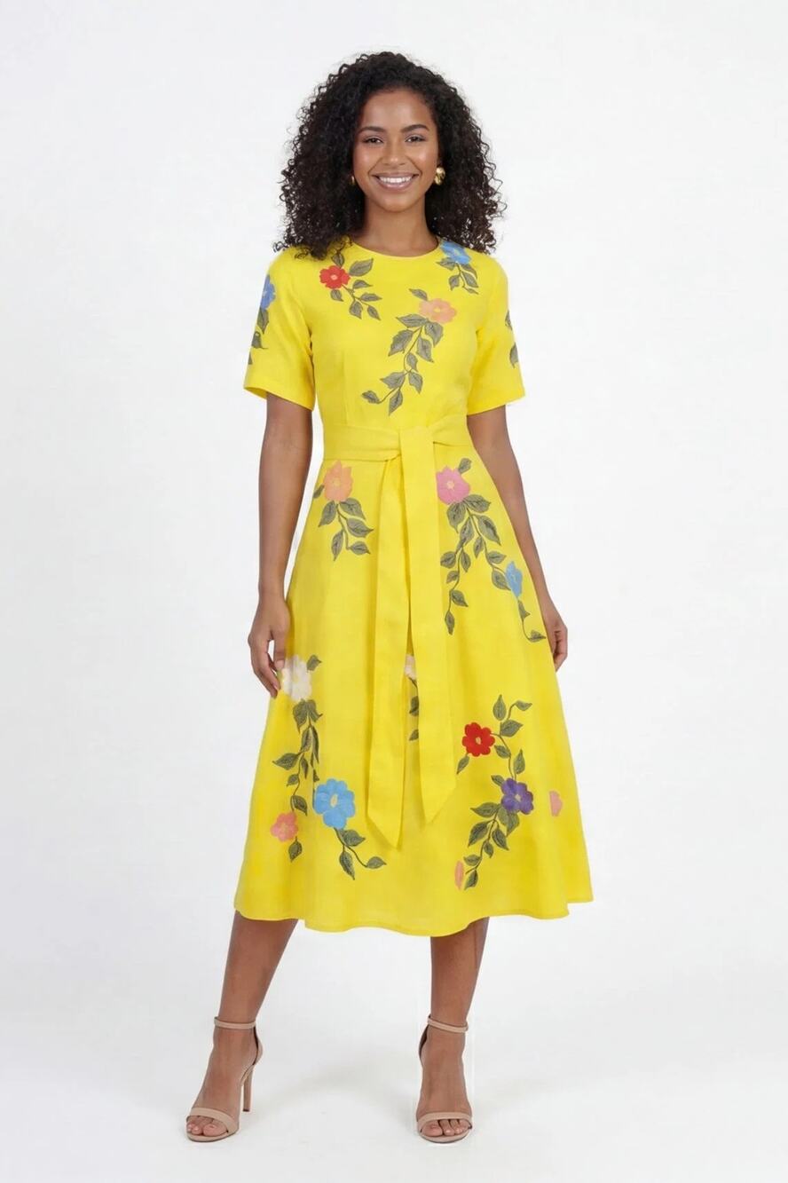 NWT FANM MON Floral embroidery Cotton Midi Dress sz XS Yellow Botanical Romantic